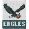 Eagles Chunky Blanket Knitting Pattern - the retro Philadelphia Eagles logo, a soaring eagle in forest green and black carrying a football above the EAGLES wordmark, worked in stockinette colorwork intarsia with 6 colors: White, Forest, Black, Brown, Gold, Gray.
