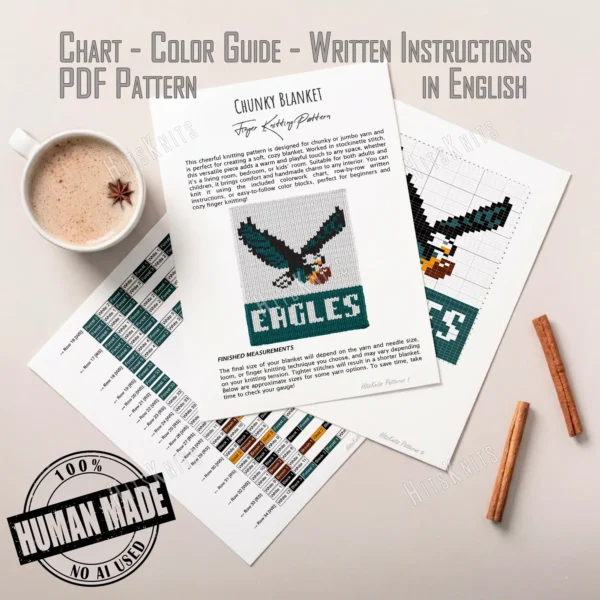 Eagles Chunky Blanket Knitting Pattern - the retro Philadelphia Eagles logo, a soaring eagle in forest green and black carrying a football above the EAGLES wordmark, worked in stockinette colorwork intarsia with 6 colors: White, Forest, Black, Brown, Gold, Gray.