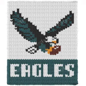 Eagles Chunky Blanket Knitting Pattern - the retro Philadelphia Eagles logo, a soaring eagle in forest green and black carrying a football above the EAGLES wordmark, worked in stockinette colorwork intarsia with 6 colors: White, Forest, Black, Brown, Gold, Gray.