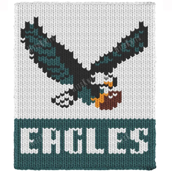 Eagles Chunky Blanket Knitting Pattern - the retro Philadelphia Eagles logo, a soaring eagle in forest green and black carrying a football above the EAGLES wordmark, worked in stockinette colorwork intarsia with 6 colors: White, Forest, Black, Brown, Gold, Gray.