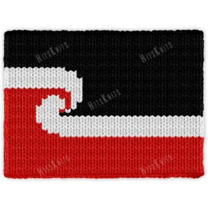 Maori Flag Blanket Finger Knitting Pattern - black, red and white Tino Rangatiratanga Maori sovereignty flag with a central white koru, bold high-contrast mood, worked in stockinette colorwork intarsia with 3 colors: Black, Red, and White.
