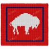 Buffalo Bills Finger Knit Blanket Pattern - white charging buffalo logo on a red background with a royal blue border frame, worked in stockinette colorwork intarsia with 3 colors: Red, Blue, White.