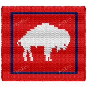Buffalo Bills Finger Knit Blanket Pattern - white charging buffalo logo on a red background with a royal blue border frame, worked in stockinette colorwork intarsia with 3 colors: Red, Blue, White.