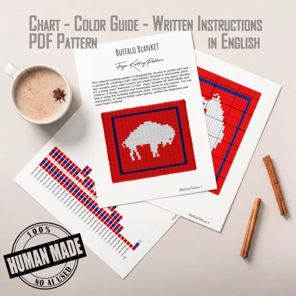 Buffalo Bills Finger Knit Blanket Pattern - white charging buffalo logo on a red background with a royal blue border frame, worked in stockinette colorwork intarsia with 3 colors: Red, Blue, White.