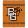 BGSU Finger Knit Blanket Pattern - the Bowling Green State University Falcons BG logo with a falcon head on an orange background with brown and white stripes, worked in stockinette colorwork intarsia with 4 colors: Orange, Brown, White, Beige.