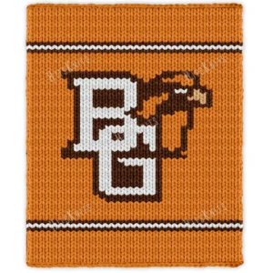 BGSU Finger Knit Blanket Pattern - the Bowling Green State University Falcons BG logo with a falcon head on an orange background with brown and white stripes, worked in stockinette colorwork intarsia with 4 colors: Orange, Brown, White, Beige.