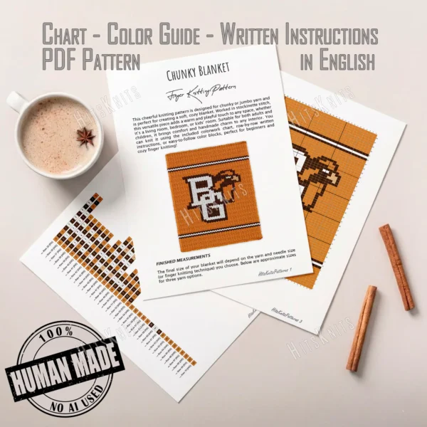 BGSU Finger Knit Blanket Pattern - the Bowling Green State University Falcons BG logo with a falcon head on an orange background with brown and white stripes, worked in stockinette colorwork intarsia with 4 colors: Orange, Brown, White, Beige.