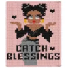 Catch Blessings Chunky Blanket Pattern - cute retro Betty Boop style girl with dark twin buns, gold hoop earrings and red lips catching little hearts above the words Catch Blessings on a pink background, worked in stockinette colorwork intarsia with 7 colors: Peach, Black, Gray, Beige, Gold, White, Red.