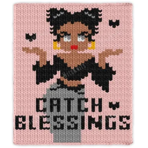Catch Blessings Chunky Blanket Pattern - cute retro Betty Boop style girl with dark twin buns, gold hoop earrings and red lips catching little hearts above the words Catch Blessings on a pink background, worked in stockinette colorwork intarsia with 7 colors: Peach, Black, Gray, Beige, Gold, White, Red.