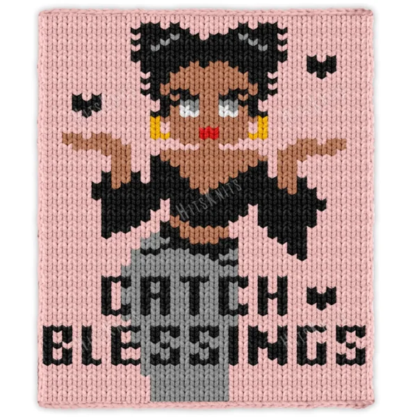 Catch Blessings Chunky Blanket Pattern - cute retro Betty Boop style girl with dark twin buns, gold hoop earrings and red lips catching little hearts above the words Catch Blessings on a pink background, worked in stockinette colorwork intarsia with 7 colors: Peach, Black, Gray, Beige, Gold, White, Red.