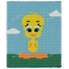 Tweety Bird Finger Knit Blanket Pattern - the yellow Looney Tunes canary with big eyes standing on green grass under a blue sky with white clouds, worked in stockinette colorwork intarsia with 7 colors: Sky, Green, Yellow, Orange, White, Black, Blue.