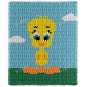 Tweety Bird Finger Knit Blanket Pattern - the yellow Looney Tunes canary with big eyes standing on green grass under a blue sky with white clouds, worked in stockinette colorwork intarsia with 7 colors: Sky, Green, Yellow, Orange, White, Black, Blue.
