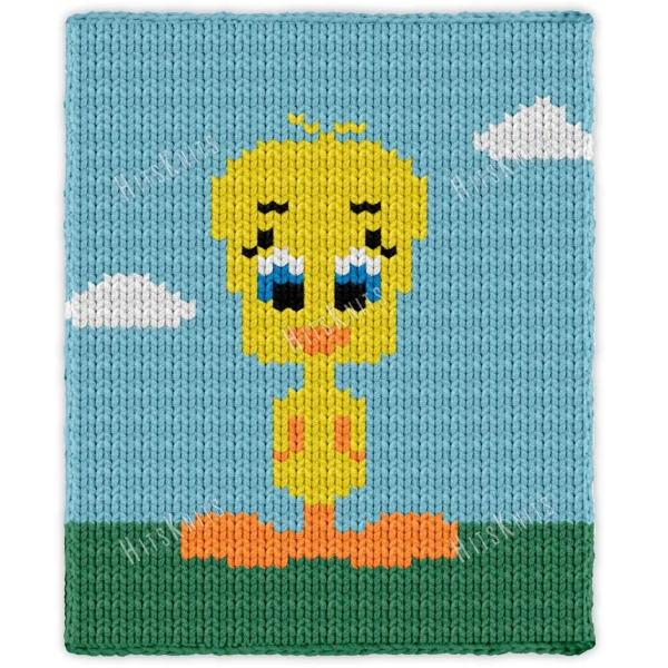Tweety Bird Finger Knit Blanket Pattern - the yellow Looney Tunes canary with big eyes standing on green grass under a blue sky with white clouds, worked in stockinette colorwork intarsia with 7 colors: Sky, Green, Yellow, Orange, White, Black, Blue.
