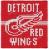 Detroit Red Wings Blanket Finger Knitting Pattern - white Detroit Red Wings winged-wheel logo and lettering on a red background, bold NHL hockey team design, worked in stockinette colorwork intarsia with 2 colors: Red and White.