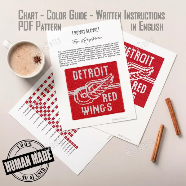 Detroit Red Wings Blanket Finger Knitting Pattern - white Detroit Red Wings winged-wheel logo and lettering on a red background, bold NHL hockey team design, worked in stockinette colorwork intarsia with 2 colors: Red and White.