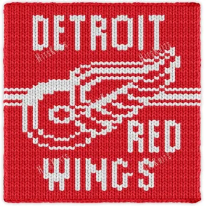 Detroit Red Wings Blanket Finger Knitting Pattern - white Detroit Red Wings winged-wheel logo and lettering on a red background, bold NHL hockey team design, worked in stockinette colorwork intarsia with 2 colors: Red and White.