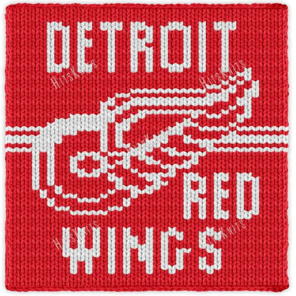 Detroit Red Wings Blanket Finger Knitting Pattern - white Detroit Red Wings winged-wheel logo and lettering on a red background, bold NHL hockey team design, worked in stockinette colorwork intarsia with 2 colors: Red and White.