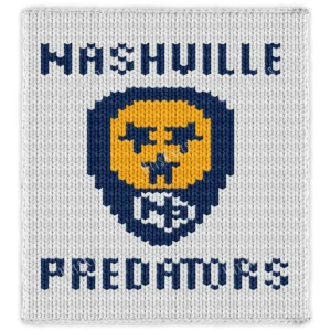 Nashville Predators Finger Knit Blanket Pattern - blue guitar pick emblem with a yellow circle and three stars in the center and NP lettering at the bottom, with NASHVILLE and PREDATORS text on a white background, worked in stockinette colorwork intarsia with 3 colors: White, Blue, Yellow.