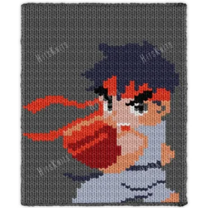 Street Fighter Chunky Blanket Pattern - Ryu the martial artist with his flowing red headband, dark hair, and red fighting gloves on a gray background, worked in stockinette colorwork intarsia with 9 colors: Gray, Navy, Pale Blue, Coral, Caramel, Red, Powder, Black, White.