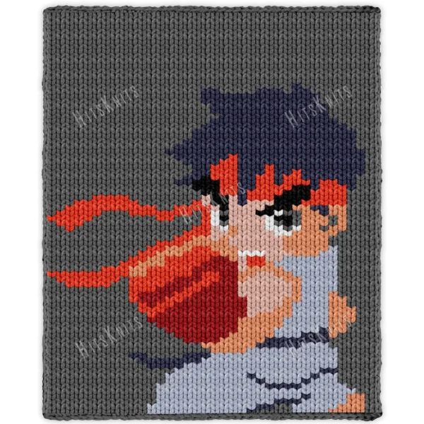 Street Fighter Chunky Blanket Pattern - Ryu the martial artist with his flowing red headband, dark hair, and red fighting gloves on a gray background, worked in stockinette colorwork intarsia with 9 colors: Gray, Navy, Pale Blue, Coral, Caramel, Red, Powder, Black, White.