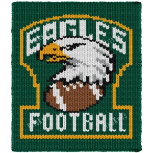 Eagles Football Finger Knit Blanket Pattern - an Eagles football team crest with an eagle head and football inside a gold badge on green, worked in stockinette colorwork intarsia with 6 colors: Green, White, Gold, Black, Brown, Gray.