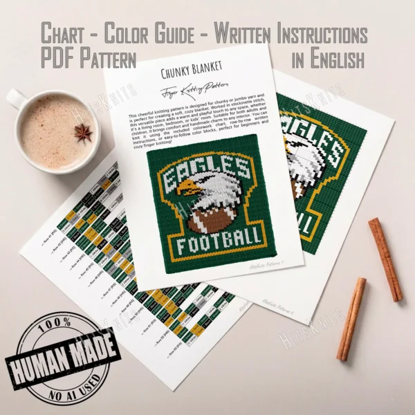 Eagles Football Finger Knit Blanket Pattern - an Eagles football team crest with an eagle head and football inside a gold badge on green, worked in stockinette colorwork intarsia with 6 colors: Green, White, Gold, Black, Brown, Gray.