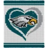 Eagles Heart Finger Knit Blanket Pattern - the Philadelphia Eagles eagle-head logo set inside a heart on a white background with green bands, worked in stockinette colorwork intarsia with 5 colors: White, Green, Gray, Black, Gold.