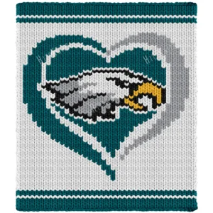 Eagles Heart Finger Knit Blanket Pattern - the Philadelphia Eagles eagle-head logo set inside a heart on a white background with green bands, worked in stockinette colorwork intarsia with 5 colors: White, Green, Gray, Black, Gold.
