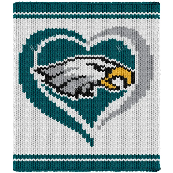 Eagles Heart Finger Knit Blanket Pattern - the Philadelphia Eagles eagle-head logo set inside a heart on a white background with green bands, worked in stockinette colorwork intarsia with 5 colors: White, Green, Gray, Black, Gold.