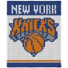 NY Knicks Blanket Finger Knitting Pattern - New York Knicks NBA basketball logo with NEW YORK lettering, an orange KNICKS wordmark and a basketball on blue and white, worked in stockinette colorwork intarsia with 4 colors: White, Blue, Orange, and Gray.