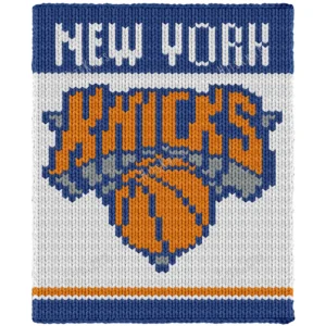 NY Knicks Blanket Finger Knitting Pattern - New York Knicks NBA basketball logo with NEW YORK lettering, an orange KNICKS wordmark and a basketball on blue and white, worked in stockinette colorwork intarsia with 4 colors: White, Blue, Orange, and Gray.