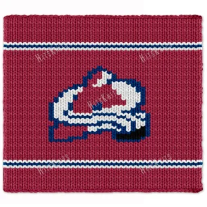 Colorado Avalanche Finger Knit Blanket Pattern - white avalanche mountain logo outlined in blue with a black puck on a burgundy background with blue and white stripes, worked in stockinette colorwork intarsia with 4 colors: Red, White, Blue, Black.