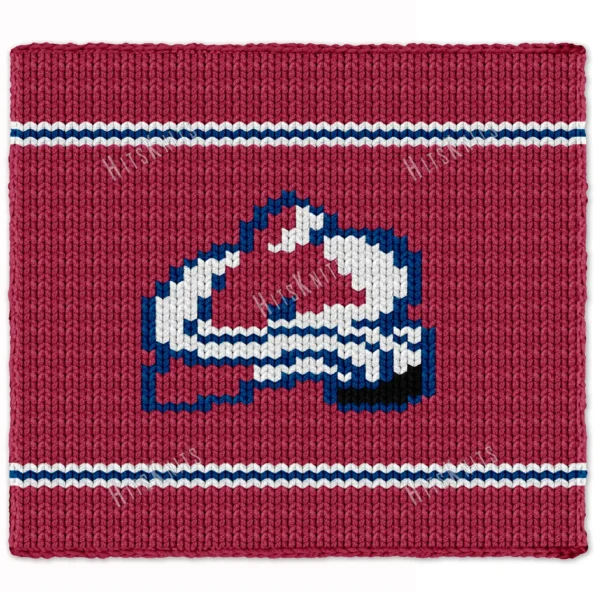 Colorado Avalanche Finger Knit Blanket Pattern - white avalanche mountain logo outlined in blue with a black puck on a burgundy background with blue and white stripes, worked in stockinette colorwork intarsia with 4 colors: Red, White, Blue, Black.