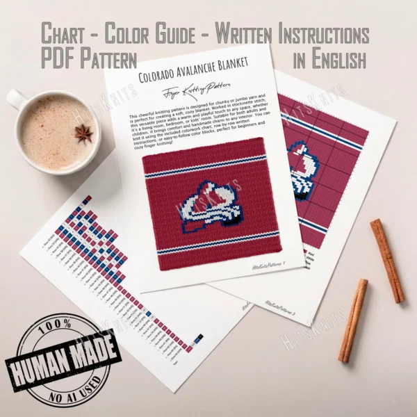 Colorado Avalanche Finger Knit Blanket Pattern - white avalanche mountain logo outlined in blue with a black puck on a burgundy background with blue and white stripes, worked in stockinette colorwork intarsia with 4 colors: Red, White, Blue, Black.