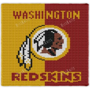 Washington Commanders Chunky Blanket Pattern - the team's retro football logo, a feathered profile inside a ring with the wordmark, on a split background of gold and burgundy, worked in stockinette colorwork intarsia with 5 colors: Gold, Burgundy, Black, White, Espresso.
