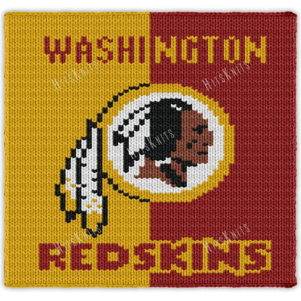 Washington Commanders Chunky Blanket Pattern - the team's retro football logo, a feathered profile inside a ring with the wordmark, on a split background of gold and burgundy, worked in stockinette colorwork intarsia with 5 colors: Gold, Burgundy, Black, White, Espresso.