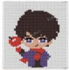 Caleb Finger Knit Blanket Pattern - video game character with dark brown hair holding a red apple, purple outfit and red accents on a white background, worked in stockinette colorwork intarsia with 6 colors: White, Brown, Purple, Red, Powder, Black.