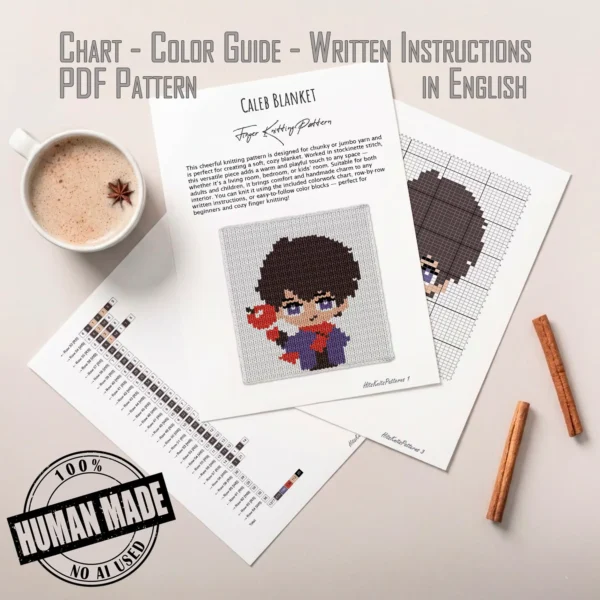 Caleb Finger Knit Blanket Pattern - video game character with dark brown hair holding a red apple, purple outfit and red accents on a white background, worked in stockinette colorwork intarsia with 6 colors: White, Brown, Purple, Red, Powder, Black.