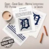 Detroit Tigers Blanket Finger Knitting Pattern - navy blue Old English D logo of the Detroit Tigers on a white background, bold MLB baseball team design, worked in stockinette colorwork intarsia with 2 colors: White and Navy.
