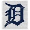 Detroit Tigers Blanket Finger Knitting Pattern - navy blue Old English D logo of the Detroit Tigers on a white background, bold MLB baseball team design, worked in stockinette colorwork intarsia with 2 colors: White and Navy.