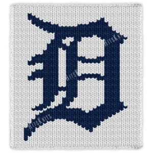 Detroit Tigers Blanket Finger Knitting Pattern - navy blue Old English D logo of the Detroit Tigers on a white background, bold MLB baseball team design, worked in stockinette colorwork intarsia with 2 colors: White and Navy.