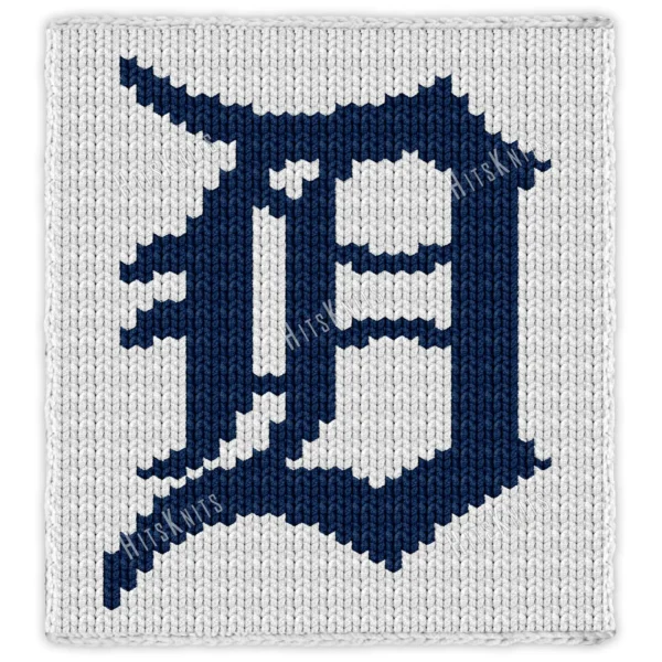Detroit Tigers Blanket Finger Knitting Pattern - navy blue Old English D logo of the Detroit Tigers on a white background, bold MLB baseball team design, worked in stockinette colorwork intarsia with 2 colors: White and Navy.