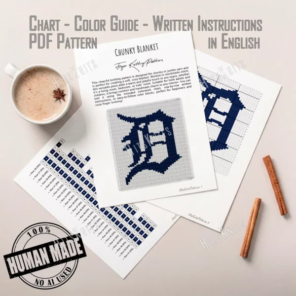 Detroit Tigers Blanket Finger Knitting Pattern - navy blue Old English D logo of the Detroit Tigers on a white background, bold MLB baseball team design, worked in stockinette colorwork intarsia with 2 colors: White and Navy.