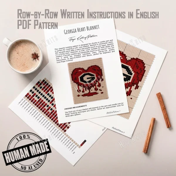 Georgia Heart Finger Blanket Pattern - bold graphic heart with kawaii eye in Cream, Red, Burgundy, and Black, worked in stockinette colorwork intarsia with sweeping color sections on a cream background.