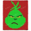 Grumpy Grinch Chunky Blanket Pattern - pixel-style graphghan showing the iconic grumpy green character face with red background, bright lime green and yellow details, worked in chunky jumbo yarn colorwork with 5 colors: Red, Lime, Green, Yellow, and Brown.