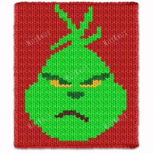 Grumpy Grinch Chunky Blanket Pattern - pixel-style graphghan showing the iconic grumpy green character face with red background, bright lime green and yellow details, worked in chunky jumbo yarn colorwork with 5 colors: Red, Lime, Green, Yellow, and Brown.