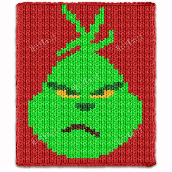 Grumpy Grinch Chunky Blanket Pattern - pixel-style graphghan showing the iconic grumpy green character face with red background, bright lime green and yellow details, worked in chunky jumbo yarn colorwork with 5 colors: Red, Lime, Green, Yellow, and Brown.