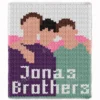 Jonas Brothers Finger Blanket Pattern - pixel-style graphghan showing a portrait of three young men inspired by a pop music trio, purple and sage background with Jonas Brothers lettering, worked in chunky jumbo yarn colorwork with 7 colors: White, Purple, Sage, Powder, Pink, Brown, and Black.