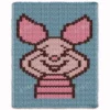 Piglet Finger Knit Blanket Pattern - smiling Piglet character on a soft blue background with pink ears and striped sweater, worked in stockinette colorwork intarsia with 4 colors: Blue, Brown, Pink, and Powder.