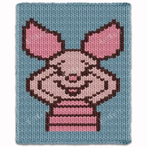 Piglet Finger Knit Blanket Pattern - smiling Piglet character on a soft blue background with pink ears and striped sweater, worked in stockinette colorwork intarsia with 4 colors: Blue, Brown, Pink, and Powder.